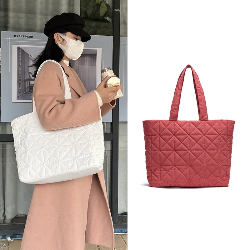 

Сумка-тоут женская с ромбовидной вышивкой, роскошный саквояж большой вместимости, простая нейлоновая тканевая легкая сумочка на плечо