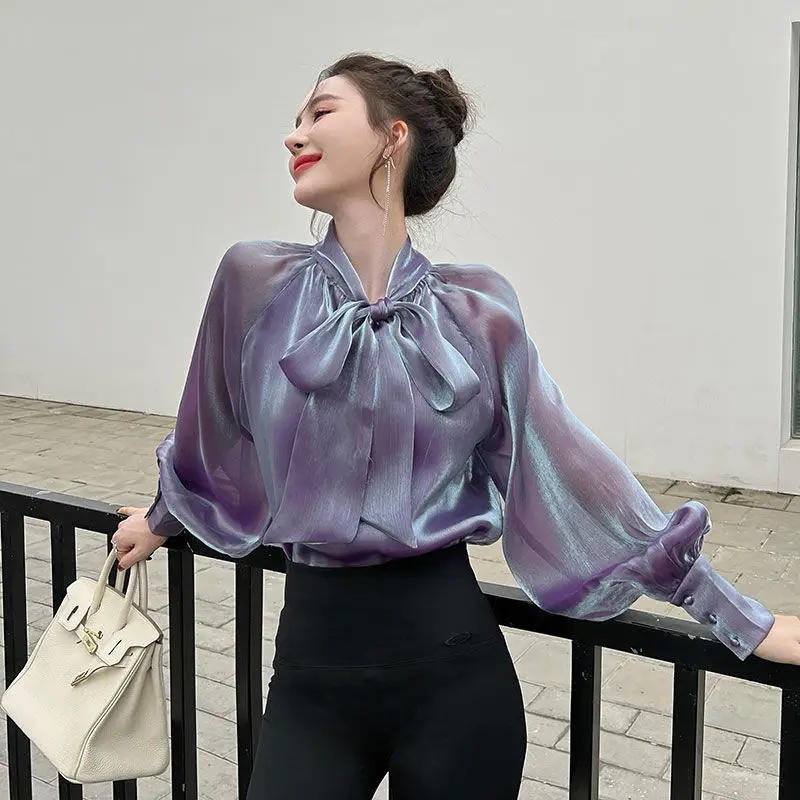 Bow Gauze Shirt Spring Autumn Long Sleeve Pullovers Fashion Puff Sleeve Elegant Blouse Bright Silk Sexy Commute Female Clothing