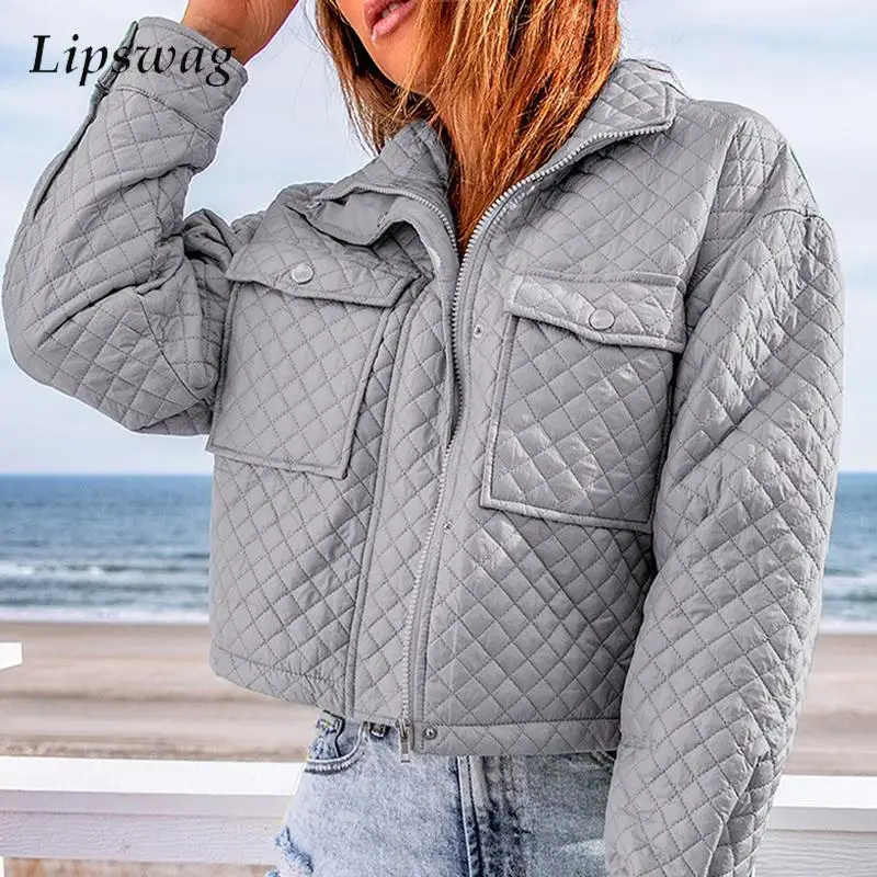 

2022 Women Crop Jacket Fall Winter Fashion Solid Lattice Casual Long Sleeve Zip Jackets Casual Coat Warm Thick Loose Outerwear