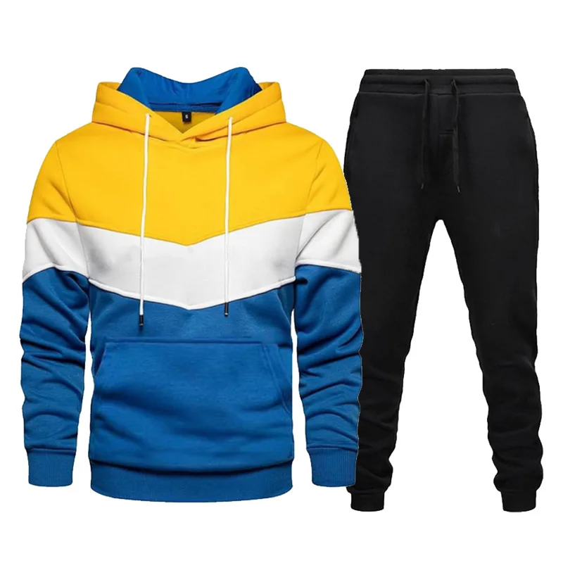 Men's Tracksuits Patchwork Hoodie Sweater and Pants 2 Pieces Set Casual Loose Fleece Warm Streetwear Male Fashion Sportswear