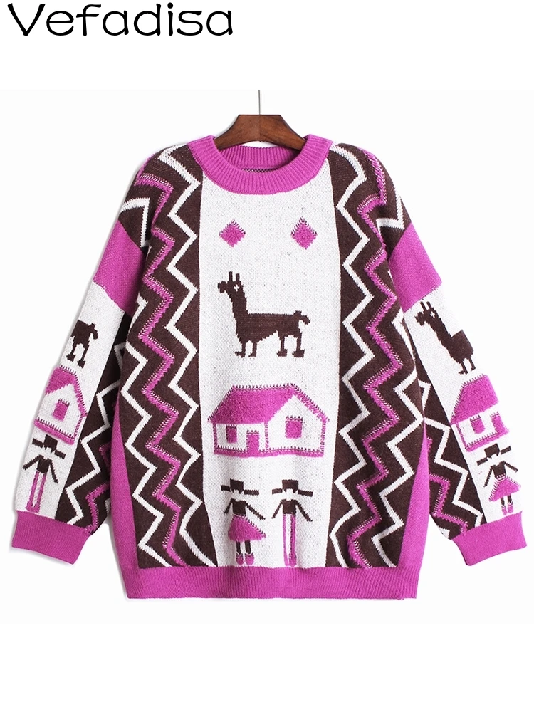 

Vefadisa2023 Autumn Fashion Round Neck Knitting Sweater Loose Flocking Fawn Jacquard Weave Age Reduction Leisure Sweater LHX4305