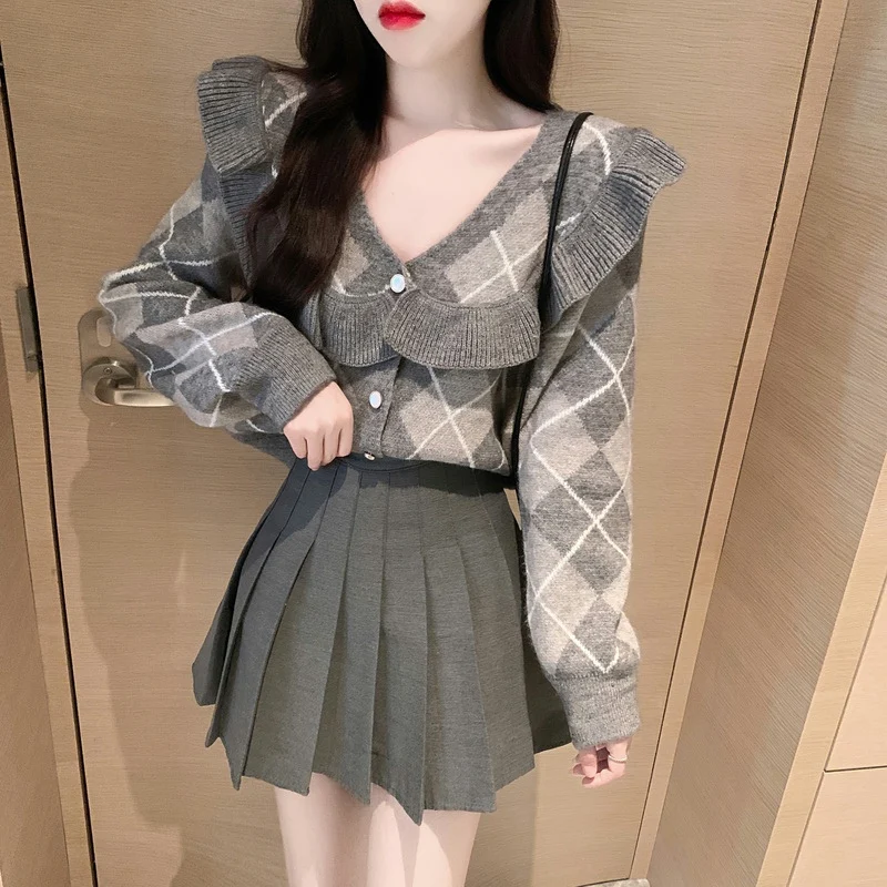 

Women'S Autumn Doll Collar Comfortable Long-Sleeved Cardigan Coat High Waist Slim Plaid Pleated Skirt Knitted Two-Piece Set