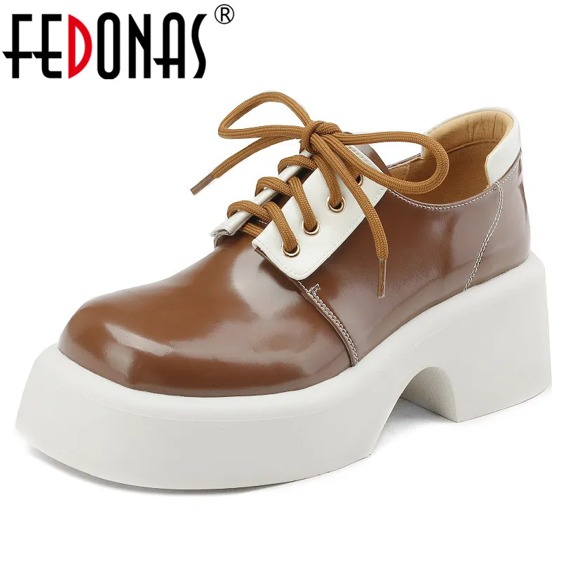 

FEDONAS Women Pumps Spring Autumn Newest Platforms Mixed Colors Genuine Leather Thick Heels Lace-Up Shoes Woman Working Casual