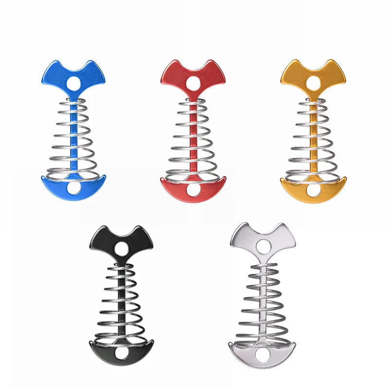 

1PCS Spring Fishbone Deck Pegs Tent Stakes Awning Anchor Wind Rope Buckle With Carabiner Deck Fixed Nails Camping Tent Hooks