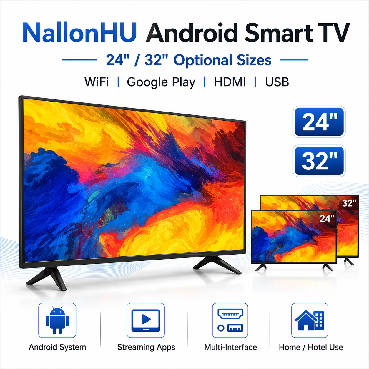Фото NallonHU 24/32-дюймовый Android Smart TV, ультратонкий LED-телевизор с плоским экраном, Wi-Fi, Google Play, HDMI, USB, для дома и отелей. №1
