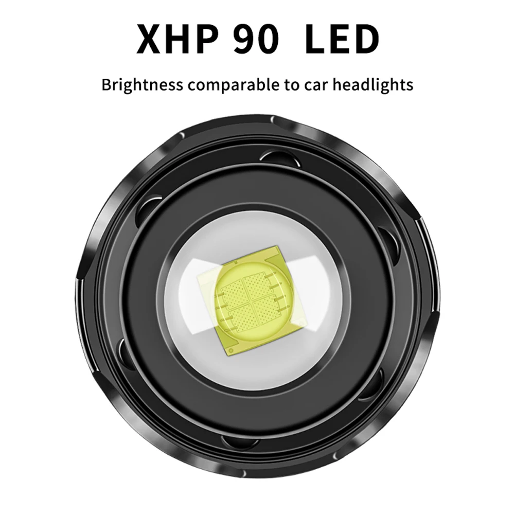 

XHP90 LED Camping Flashlight 2500lm 3 Modes Waterproof Flashlight Lamp Telescopic Zoom Torch Light Lamp Power Display for Hiking