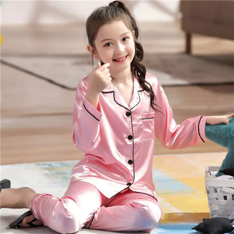 

Teens Girls Silk Satin Pajamas Pyjamas Set Baby Sleepwear Pijama Pajamas Suit Child Boys Sleep Two Piece Set Kids Loungewear