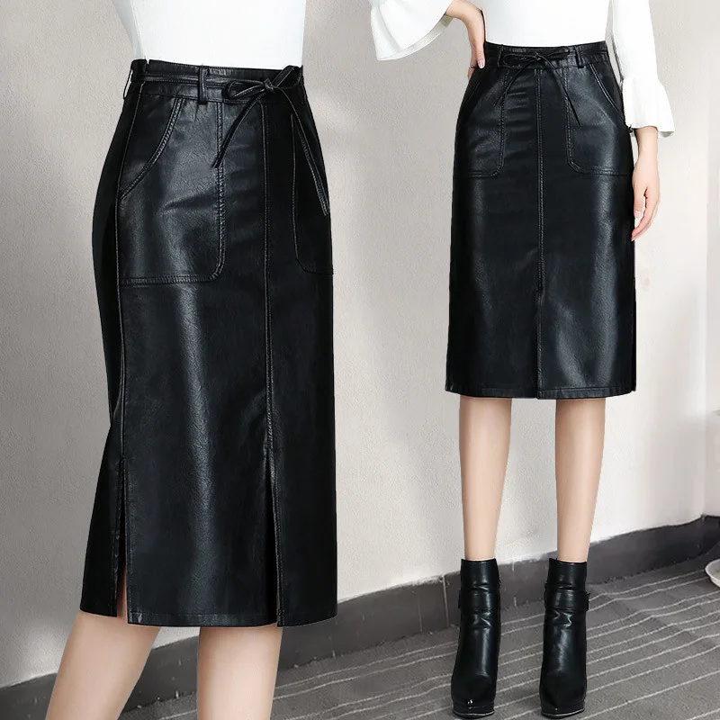 

Autumn Black Leather Skirt Women Plus Size Sexy Midi PU Pencil s Womens High Waist Split Office Female