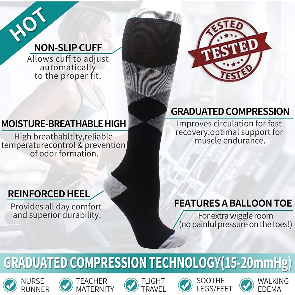 Women and Men Elastic Sports Climbing Cycling Beautiful Long Tube Compression Socks Stockings Running Nurse Black Color Socks