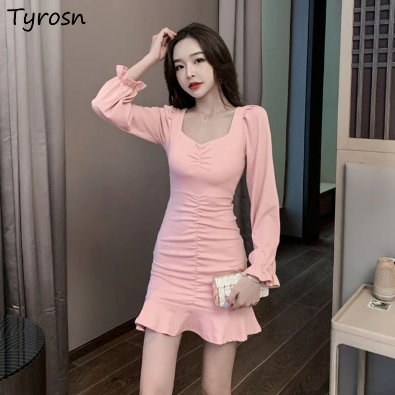 

Женские платья, однотонные, в Корейском стиле, для отдыха, пикантные, для весны, женская мода, простой дизайн, Новинка