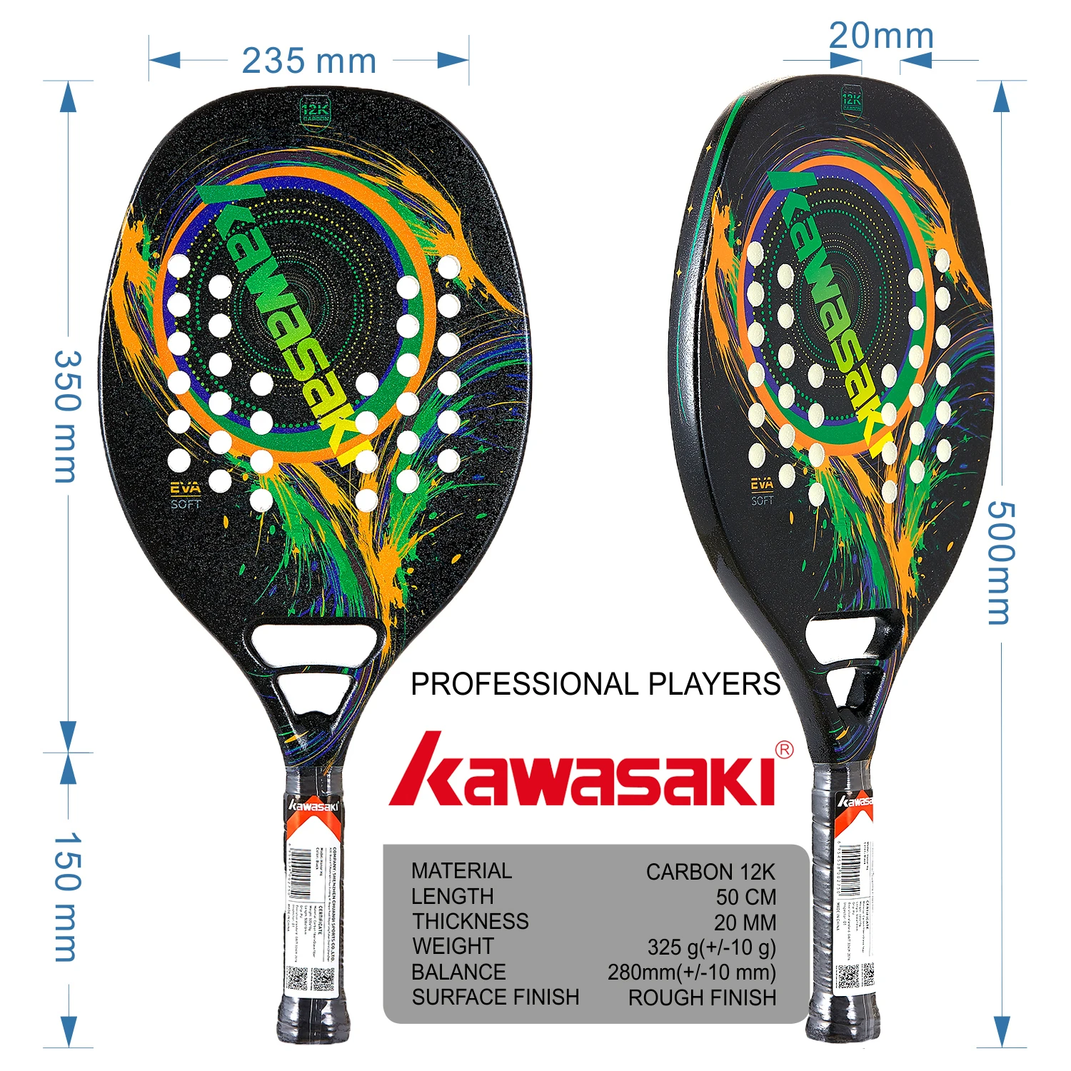 Kawasaki 12K Beach Tennis Racket Carbon Fiber Soft Face Tennis  Paddle  Racquet with Protective Bag Cover H6