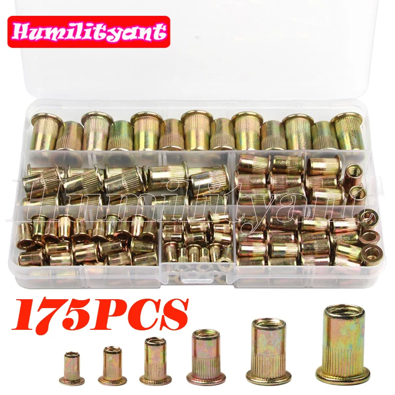 

175Pcs Flat Rivet Nuts M3 M4 M5 M6 M8 M10 Zinc Steel Riveting Nut Insert Nutsert Threaded Cap Kit