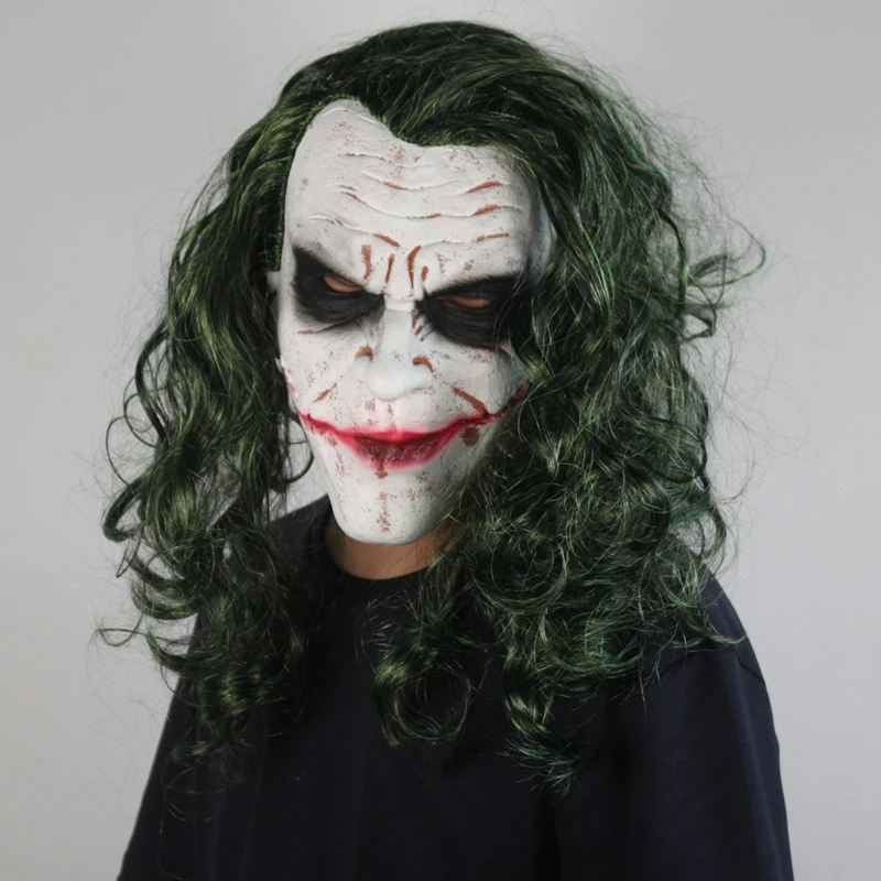 

Movie Dark Knight Joker Latex Mask With Green Hair Cosplay Costume Heath Ledger Halloween Masquerade Horror Clown Wig Props