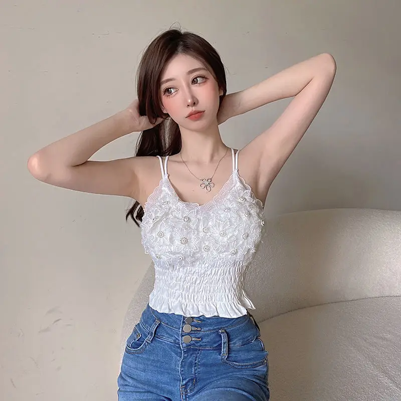 Bottoming Shirt Tops Tops Clothes Crop Woman Summer Camisole French Women's Strap Y2k Top Spaghetti Lace Folds Diamond Appliqué