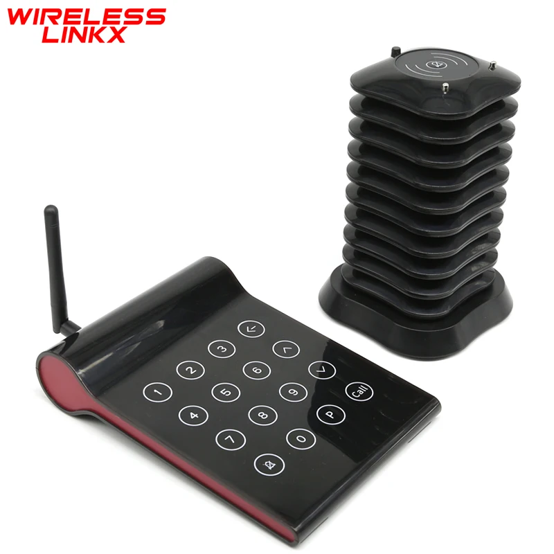 WirelessLinkx Black Restaurant Pager Wireless Calling Paging System 10 Coaster Beepers Buzzers For Cafe Church Clinic Food Court