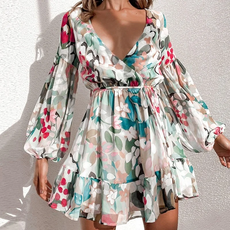 

Женское платье с V-образным вырезом, длинным рукавом и оборками