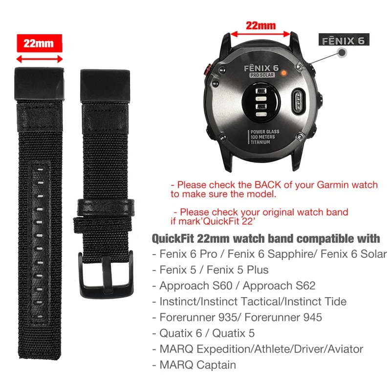 22/26mm canvas Strap Quick Release Nylon & leather Easyfit Replacement Wristband For Garmin Fenix 5 plus 5X 6 6X Pro 3HR 935 945