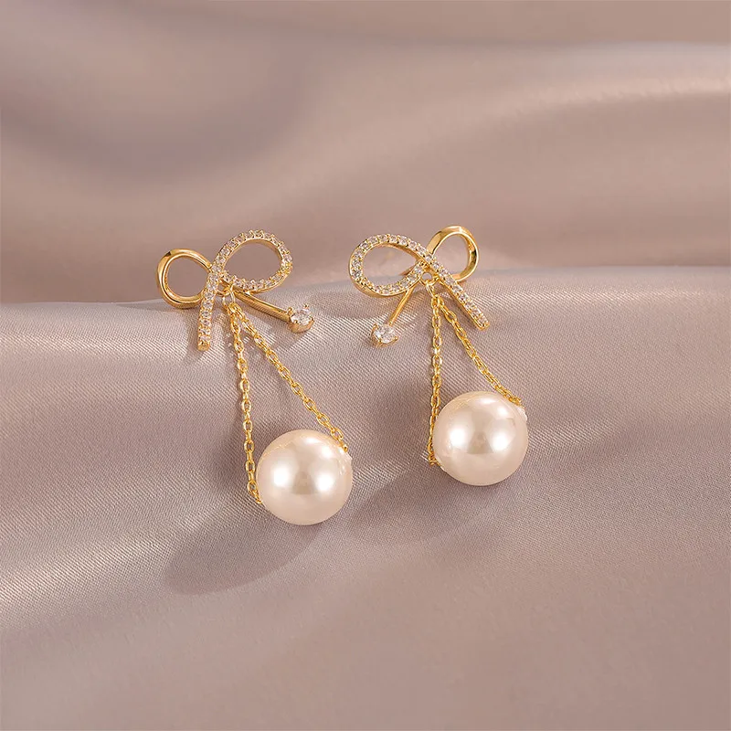 

Trendy Dangle Earrings Bow Pearl For Women Girls Metal Chain Drop Jewelry Ladies Classic Fashion Gift Wedding Party