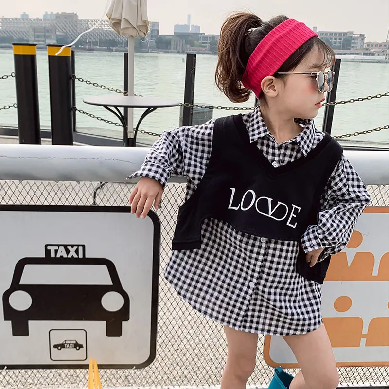 

Spring Autumn Girls 2 Pcs Set Baby Shirt + Vest Kids Suits Children Clothes Fashion Check Plaid Letter Print 2-13Y