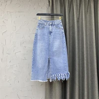 2022 summer fashion new korean jeans skirts for womens slim buttock tassel one step skirt woman long over the knee denim skirt
