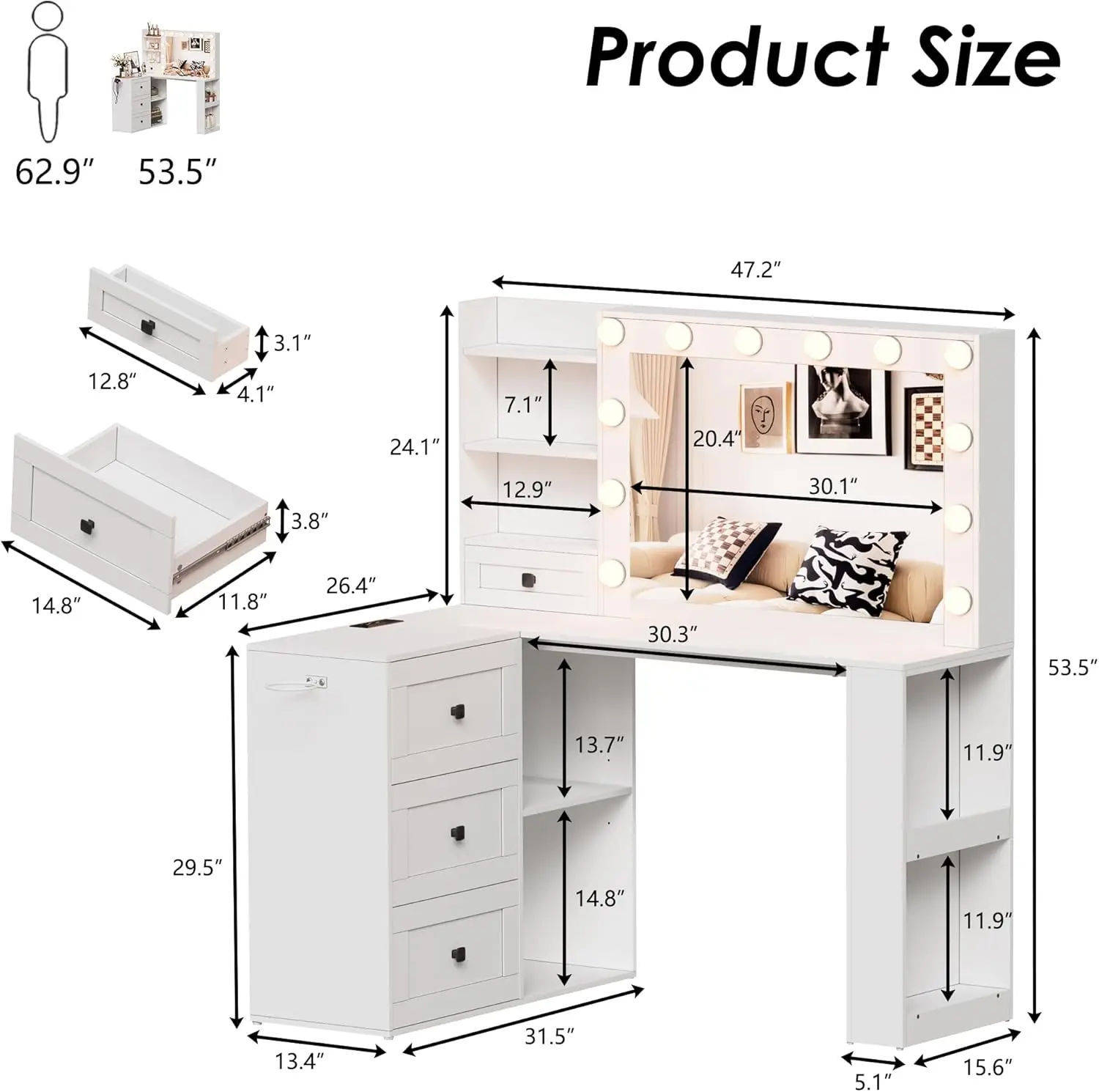 Туалетный столик с зеркалом и подсветкой угловой для макияжа 3-цветной белый