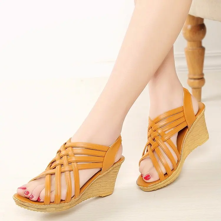 

2022 New Women Wedge Sandals Summer Casual High Heels Open Toe Ladies Sandals Large Size PU Solid Color Shallow Mouth 35-41