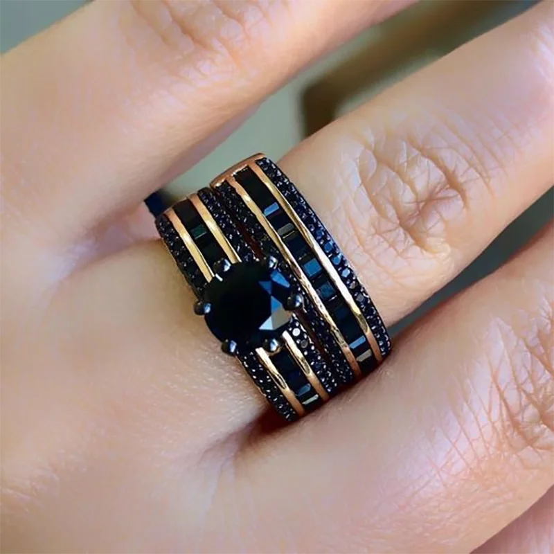

2 Pcs/Set Trendy Gold Plating Ring Set Dark Blue Cubic Zircon Crystal Rhinestone Ring Set for Women Party Jewelry Accessories