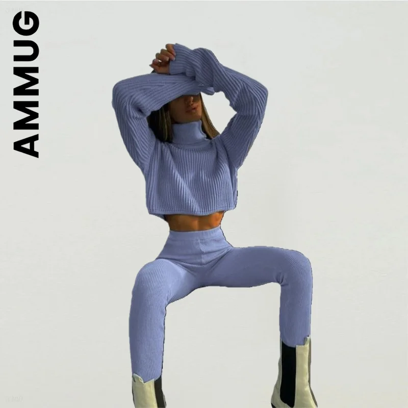 

Модный женский комплект Ammug, длинный спортивный костюм, брюки-карандаш и короткий топ с высоким воротником, комплект из 2 предметов, женский ...