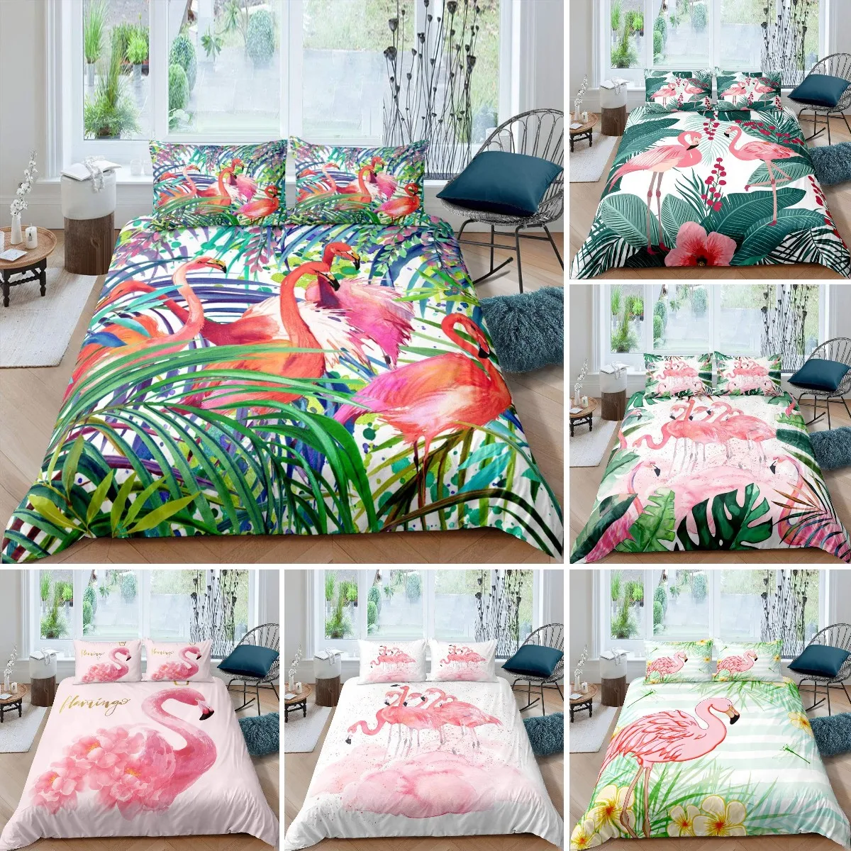 

Flamingo Duvet Cover, Hawaiian Islands Tropical Botanical Floral Palm Leaf Bedding Set For Kids Boys Girls, Green