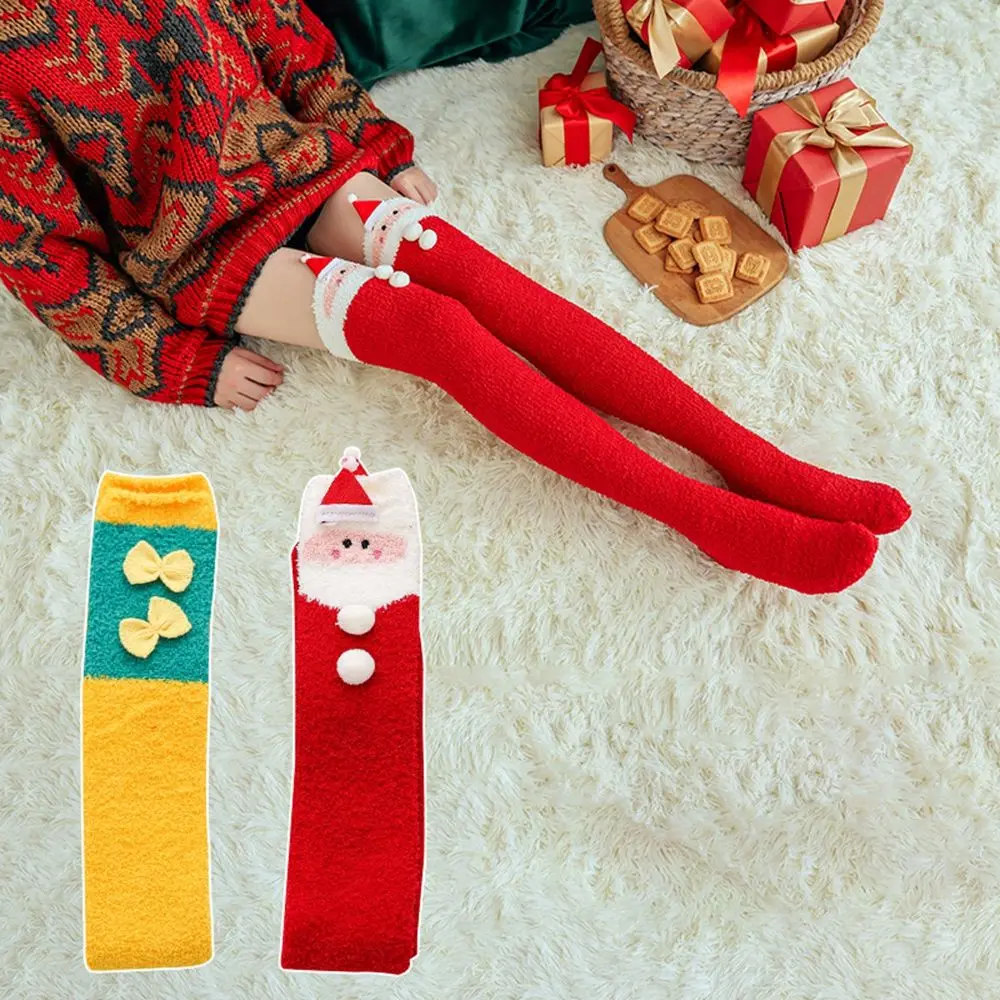 

Милые женские носки в полоску с бантом и Санта-Клаусом, рождественский подарок из кораллового флиса, хлопковые носки до пола, женские Чулочные изделия, рождественские чулки