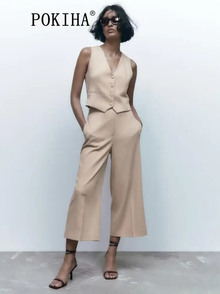 

Pokiha Модный женский элегантный жилет с V-образным вырезом на пуговицах спереди и широкие брюки с высокой талией офисные женские шикарные комплекты из двух предметов