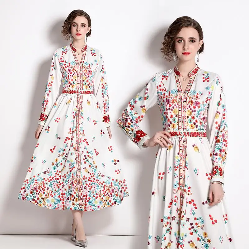 

Softerable Loose Big Swing Ethnic Women Dresses For Autumn White Base Red Small Flower Printed High Waist Robe Vintage Vestidos