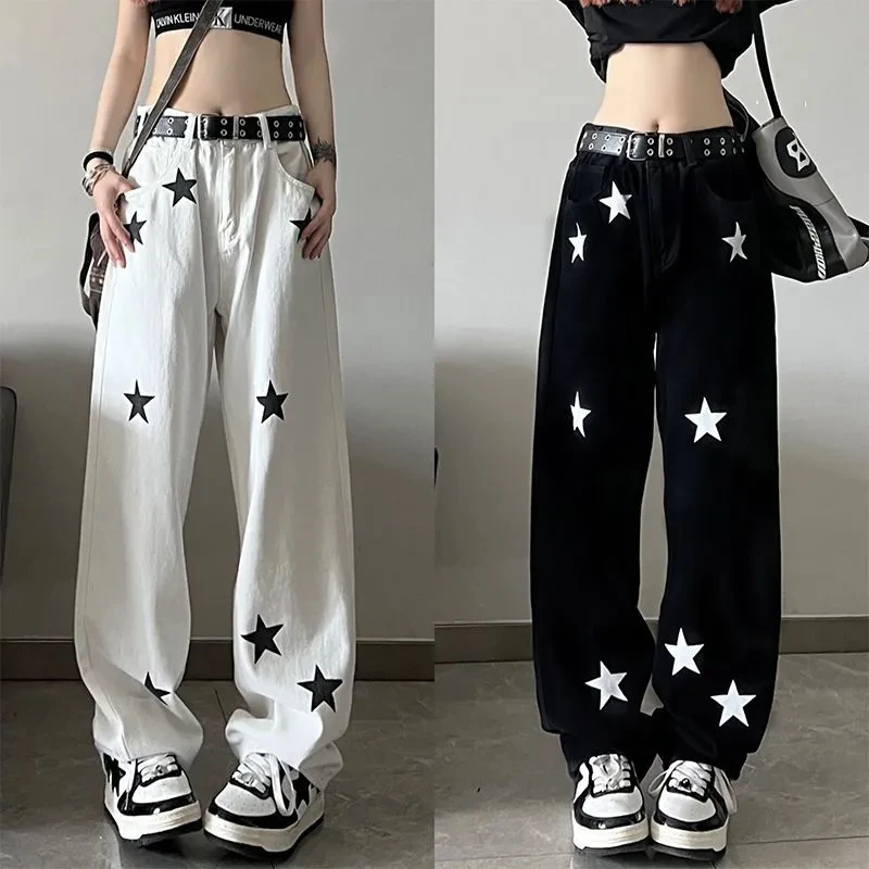 

Y2K Korean Vintage Women Streetwear Casual White Black Star Baggy Higt Waist Pants Straight Jeans Wide Leg Trousers Alt Clothes