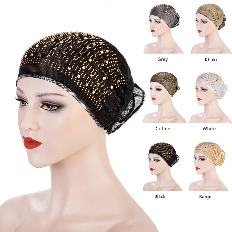 

Rhinestone Big Flower Bandana Flower Turban Bonnet For Women Muslim Under Hijab Caps Solid Color Islamic Inner Hijabs Headwrap