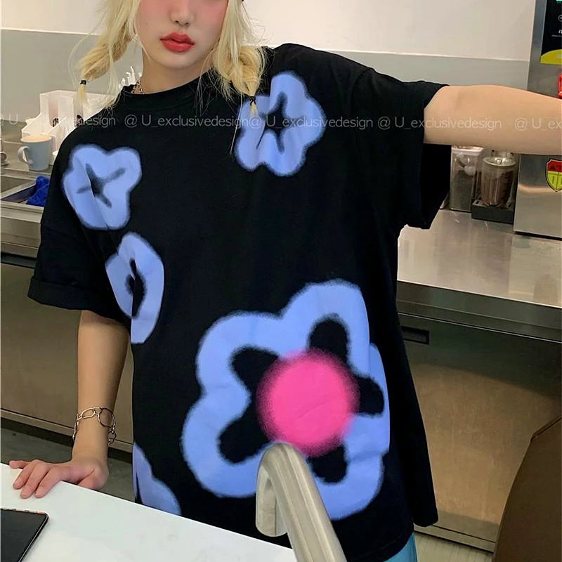 

Cotton Y2k Aesthetic Flower Graffiti T Shirts Women Egirl Grunge Kawaii O-neck Loose Oversized Summer Graphic Tee Harajuku Teens