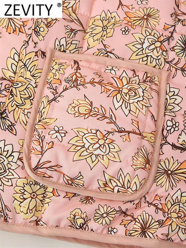 Женская стеганая куртка ZEVITY с воротником-стойкой и цветочным принтом