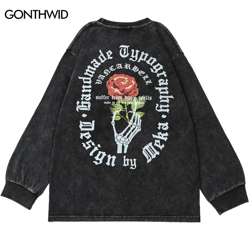 

Vintage T-Shirt Hip Hop Skull Skeleton Print Oversized Shirts Harajuku Punk Goth Distressed Washed Long Sleeve Tshirt Streetwear