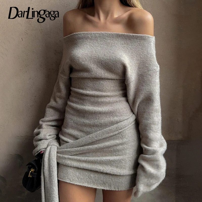 

Darlingaga Fashion Elegant Knitted Sweater Dress Tie Up Wrap Solid Autumn Winter Sexy Party Dresses Female Off Shoulder Bodycon