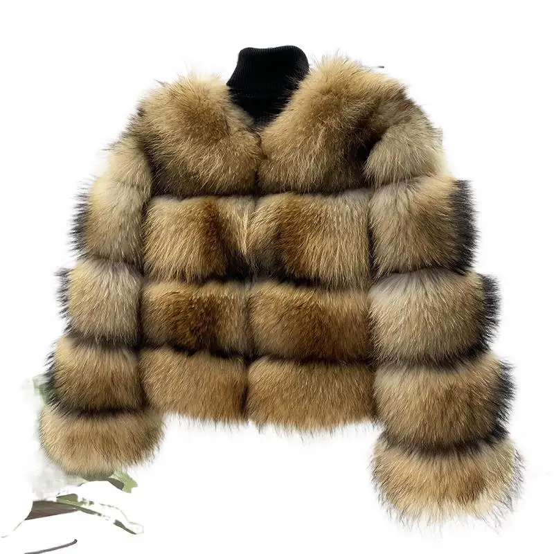Real Fur Raccoon Winter Warm Coat Women Natural Real Silver Fox Fur Jacket Female Fashion Round Neck Thicken Plus Size Outerwear