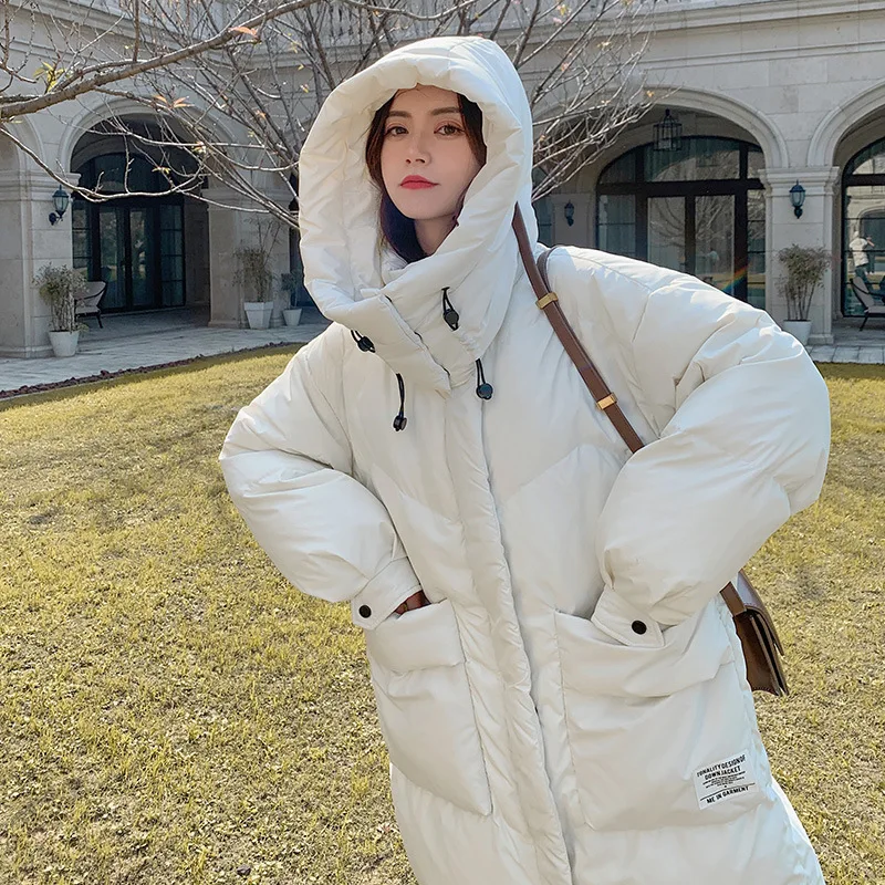 Down Jacket Women Winter Knee-length Loose White Duck Down Cotton Jacket Solid Colour Large Pockets Hooded Thickened Jacket