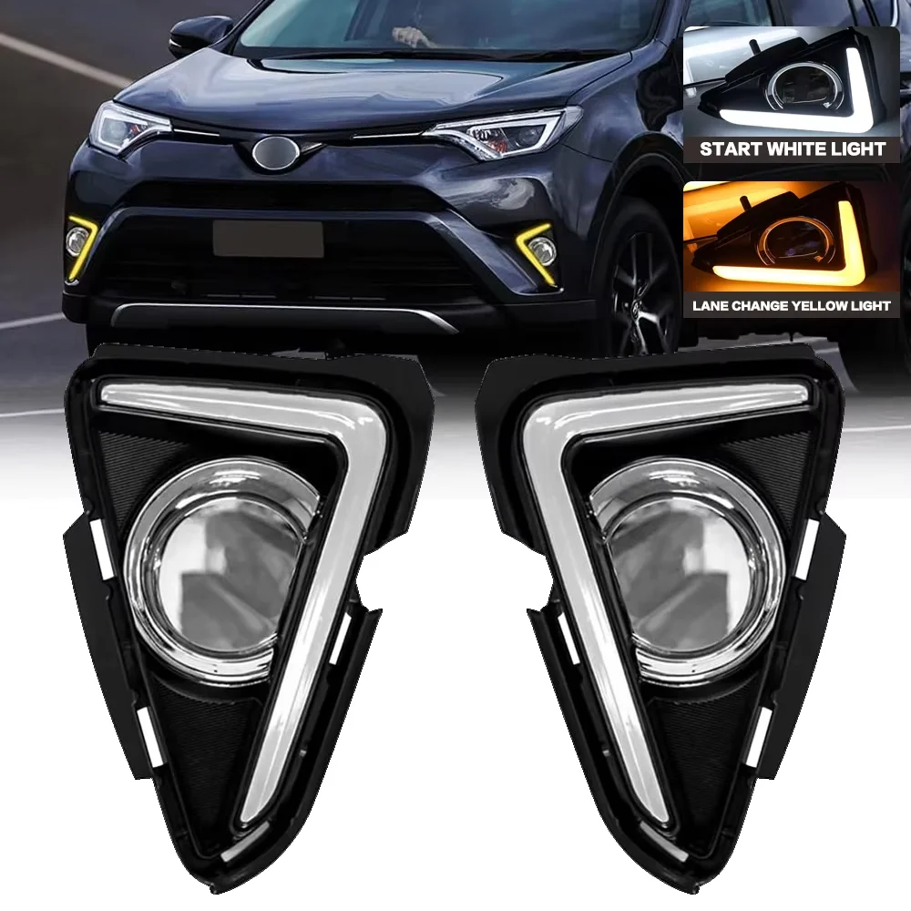 Фото Двухцветные светодиодные дневные ходовые огни для Toyota RAV4 2016, 2017, 2018, тип с крышкой для противотуманных фар, аксессуары для автомобиля DRL №1