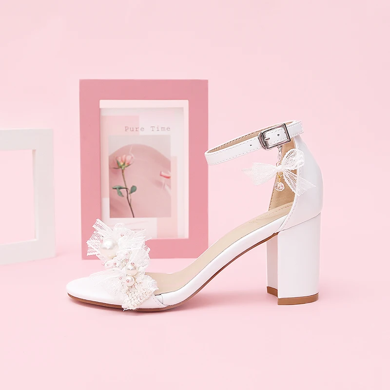 

Summer New Women's Stiletto Shoes with Pink Pearl Mesh In One Line Beautiful Fairy Commuting Open Toe Sandals Ins Style