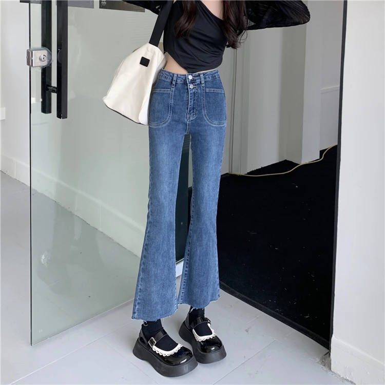 

DD2456 High-waisted bootcut jeans women's new cropped slim slim wide-leg flared pants jeans