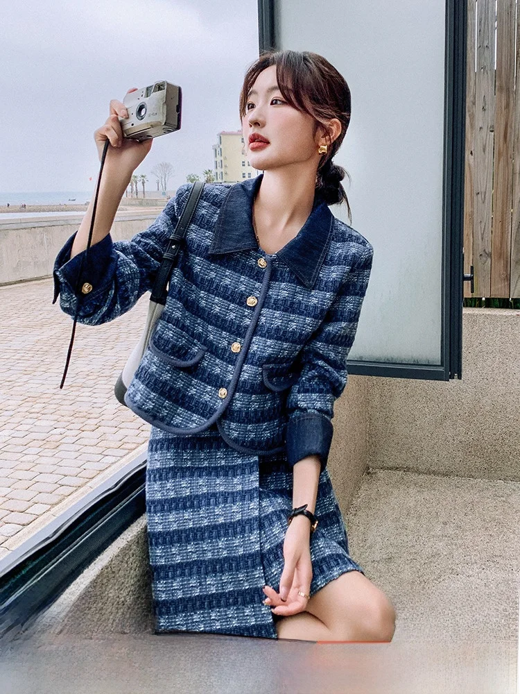 Blue Plaid Graceful Leisure Dress Outfit Women 2024 Autumn New French sle Advanced Sense Skirt Two-piece Set