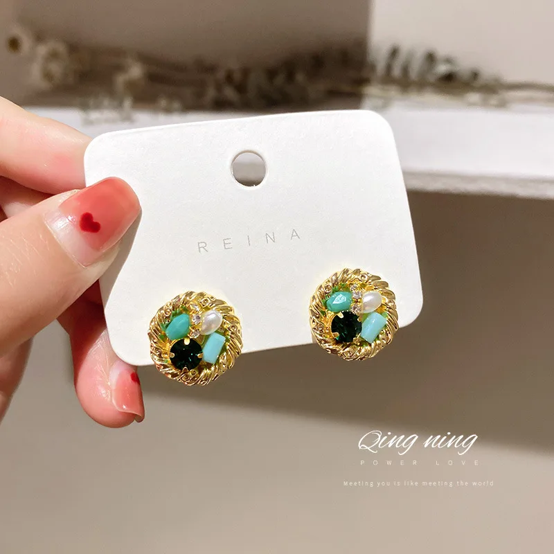 

925 Silver Needle New Pearl Crystal Round Earrings