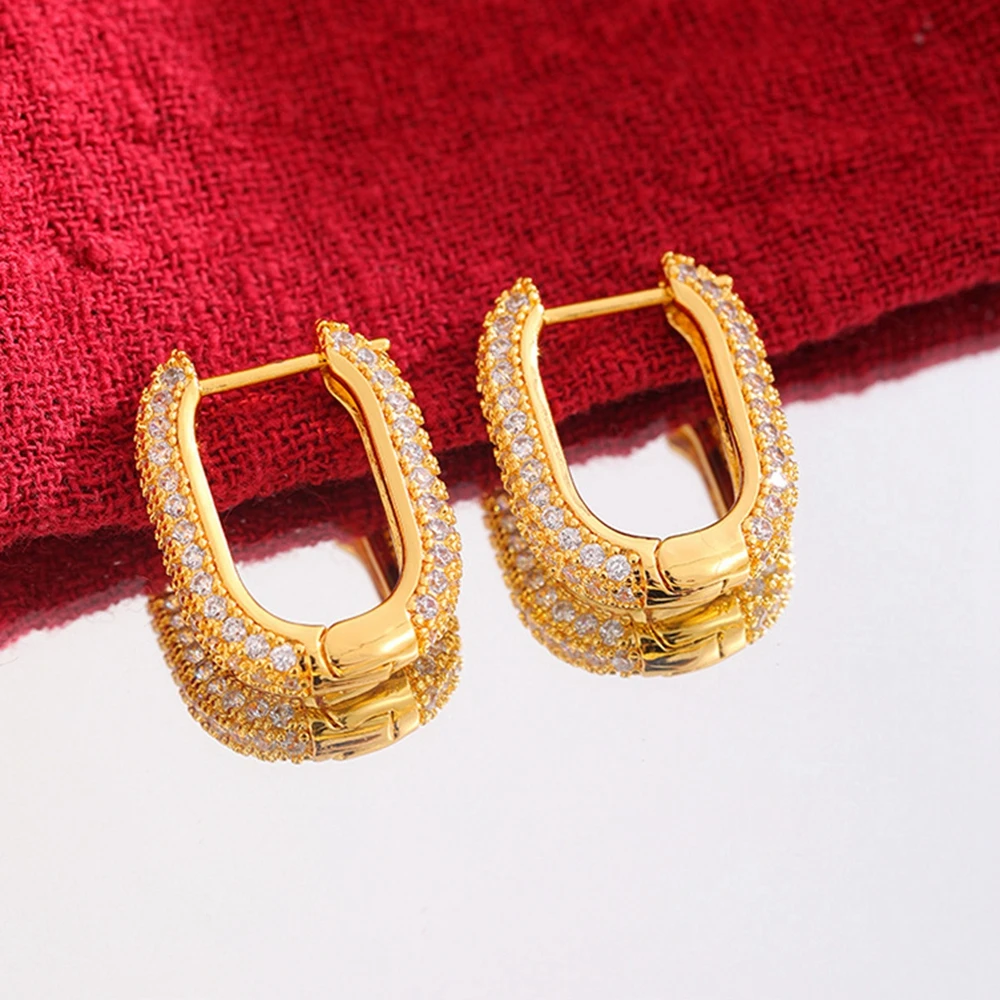 

Women Hoop Earrings U-shaped Fashion 18k Gold Color Tiny Zirconia Inlaid Huggie Earrings Gift