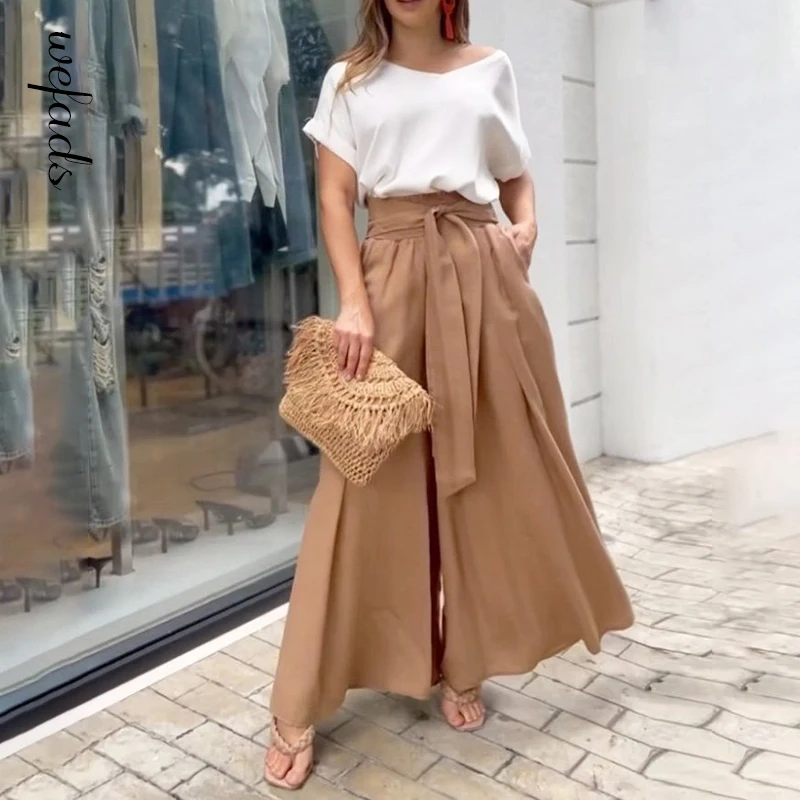 Wefads Women Elegant Two Piece Set Solid Color Crew Neck Top Lace-Up Wide Leg Pant High Streetwear Fashion Set