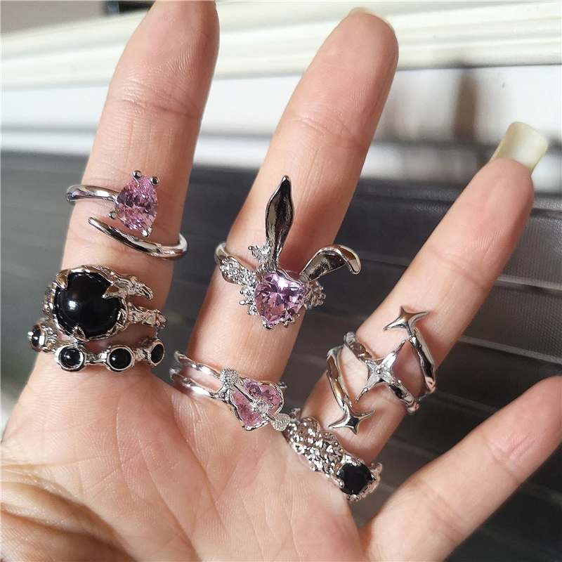 

Kpop Trend Gothic Sweet Vintage Y2k Crystal Bunny Heart Ring Fashion Ladies Romantic Rings Valentine's Day Dating Ring Jewelry