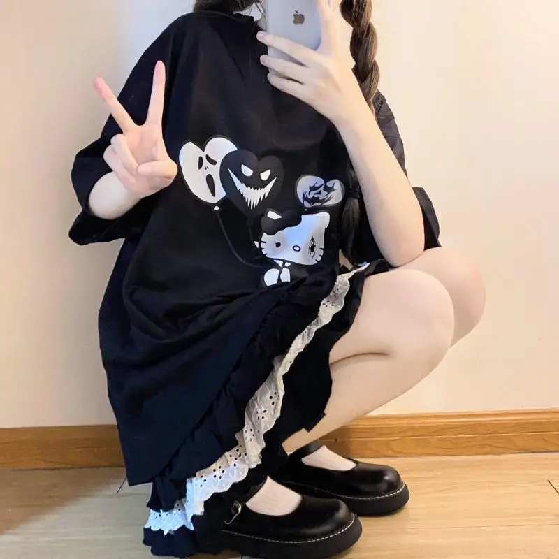

Новинка, Милая футболка с коротким рукавом Sanrio Hellokitty, удобная свободная универсальная Оригинальная футболка для девочек, подарок для девушки на день рождения