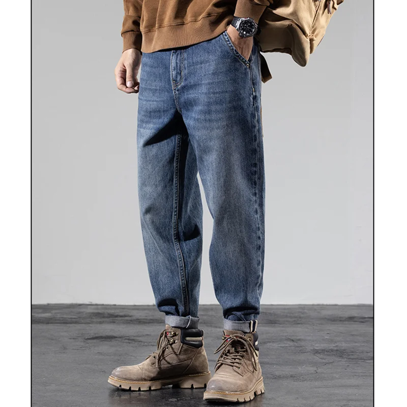 Streetwear Men New Pattern Vintage Recreational Blue Thick Style Jeans Loose Broad Leg Straight Cylinder Trousers Autumn Female